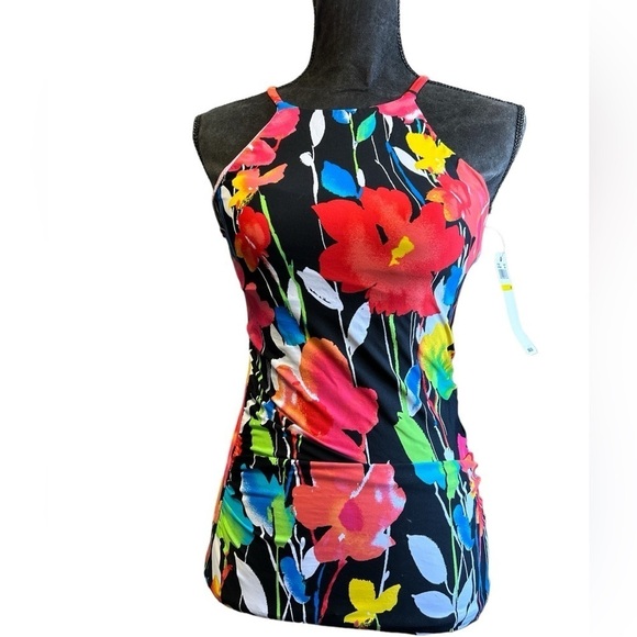 NWT Anne Cole‎  High Neck Tankini Swim Top Multicolored Floral on Black Size Med - Picture 1 of 9
